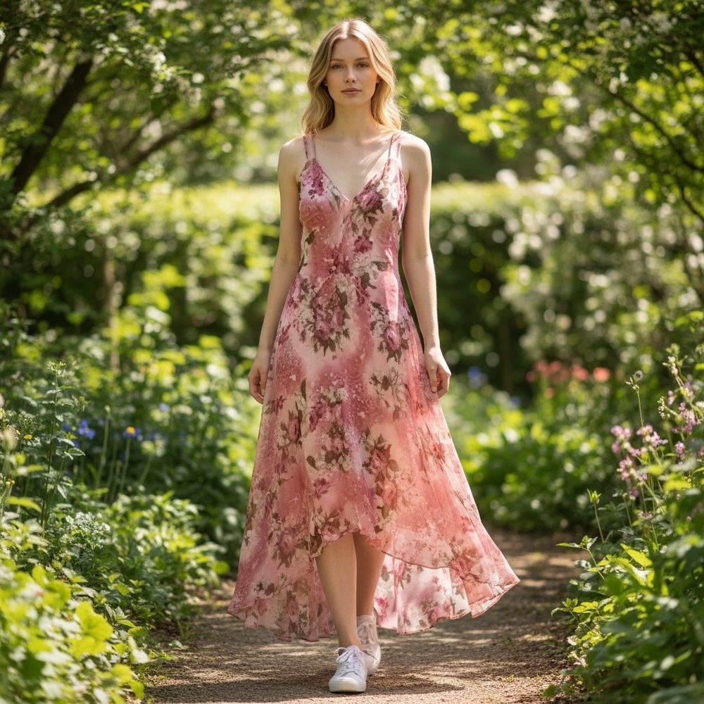 Vintage Tessuto Floral Pink Maxi Dress